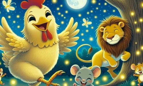 Coquette, une poule aux plumes jaunes et aux yeux malicieux, danse joyeusement sous un ciel étoilé, souriant. Elle est entourée de Léon, un lion aux crins dorés, qui rit en essayant de sauter comme une luciole, et de Mimi, une petite souris grise, qui fait des pirouettes espiègles. En arrière-plan, un grand chêne majestueux est illuminé par des lucioles scintillantes, créant une ambiance magique. La scène montre une fête nocturne pleine de joie où les animaux s’amusent ensemble dans la forêt, célébrant leur amitié sous la lumière de la lune.