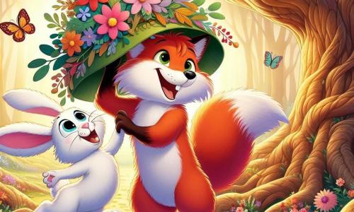 Illustration d'un renard roux espiègle, aux grands yeux malicieux et sourire éclatant, dansant joyeusement autour d'un chêne. À ses côtés, un lapin blanc aux grandes oreilles saute de joie, tenant une branche décorée de fleurs pour le chapeau qu'ils ont créé ensemble. La scène se déroule dans une forêt enchantée, baignée de lumière dorée, avec des arbres majestueux et des fleurs éclatantes. Les deux amis célèbrent leur création en dansant et riant, entourés de papillons colorés.