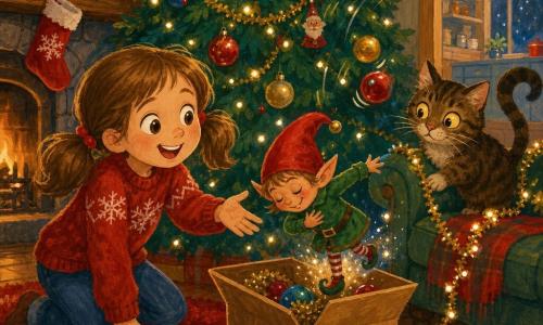 Lina, 8 ans, souriante et émerveillée, cheveux châtain clair en couettes, porte un pull rouge à flocons et tend la main vers un petit lutin farceur nommé Flocon — minuscule, bonnet rouge pointu et veste verte — qui saute hors d’une boîte près du sapin en enroulant une guirlande autour d’un fauteuil tandis qu’une chaussette vole vers la cuisine; le chat tigré Moustache, yeux jaunes et queue en point d’interrogation, observe intrigué; salon chaleureux avec grand sapin décoré, cheminée, tapis rouge; scène de Noël joyeuse et malicieuse, style gouache aux couleurs chaudes, traits doux et textures peintes, éclairage tamisé des guirlandes.