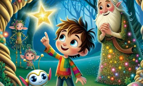 Léo, un garçon de 10 ans aux cheveux en bataille et aux yeux curieux, se tient dans une clairière enchantée. Il porte une tunique colorée et lève la main vers une étoile brillante. À ses côtés, Tink, un petit robot flottant aux lumières multicolores, exprime sa joie. Des créatures magiques, dont une elfe souriante et un gnome curieux, les entourent. La clairière est remplie d'arbres noueux, de fleurs lumineuses et d'un ciel étoilé. Léo, émerveillé, s'apprête à saisir l'étoile, symbole d'aventure et de magie, tandis que les créatures l'encouragent dans une atmosphère de camaraderie et d'espoir.