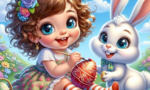 Une petite fille de 2 ans, Lola, sourit en tenant un œuf coloré. Elle porte une robe à fleurs et des chaussettes rayées, assise sur l'herbe. À côté d'elle, un lapin magique peint un œuf rouge avec une brosse. Le décor est un jardin ensoleillé avec des fleurs et un ciel bleu. Lola et le lapin peignent des œufs pour Pâques, entourés de surprises magiques, créant une atmosphère joyeuse.