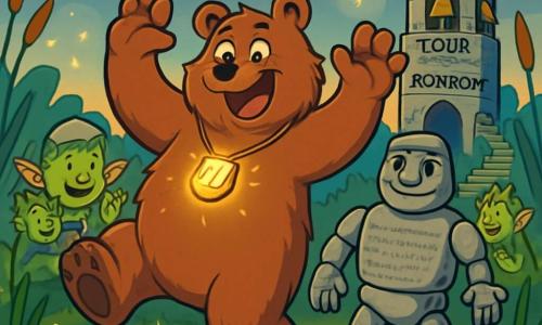 Nestor l'Ours, un grand ours brun souriant, se tient au centre de la scène, les pattes levées, comme s'il venait de trébucher. Son pelage ébouriffé et son amulette fromagère brillante ajoutent à son charme. À ses côtés, Galet-Long, un golem de pierres, affiche un sourire amusé et est prêt pour l'aventure, avec un poème gravé sur son torse. En arrière-plan, la majestueuse Tour du Ronron et ses cloches scintillantes créent une ambiance joyeuse, tandis que des limaces dansent et des trolls applaudissent. La scène se déroule dans un marais verdoyant, illuminé par des lucioles, où Nestor, surpris mais heureux, vient de tomber dans un piège, provoquant les rires de tous.