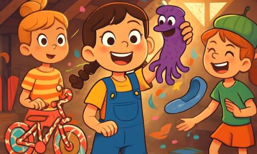 Trois personnages se trouvent dans un grenier lumineux : Adèle, une fille de 10 ans avec des cheveux bruns en tresses, souriante et tenant une chaussette violette à poulpes ; Mathilde, blonde en chignon, curieuse avec un vélo en bonbons ; et Salomé, rousse en queue de cheval, riant avec une pantoufle volante. Le grenier est rempli d'objets étranges et illuminé par une lucarne. Les amies découvrent une chaussette violette qui parle, entourée de confettis et de plumes, et sont émerveillées, prêtes pour une aventure incroyable.