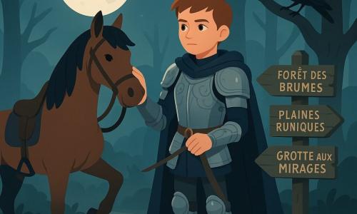 Un jeune chevalier au visage découvert, en armure d'acier gravée et cape bleu nuit, caresse la crinière de son cheval en regardant trois chemins ; Ulysse, grand bai à longue crinière noire, est sellé à sa gauche, oreilles dressées et une patte avant levée ; un vieux corbeau au plumage noir observe perché sur une branche ; le croisement nocturne, éclairé par une grande lune, présente sol de terre battue, racines apparentes et panneaux vers Forêt des Brumes, Plaines Runiques et Grotte aux Mirages, bordé d'arbres tordus, brume légère, fleurs pâles et pierres moussues dans une palette de bleus, verts et gris ; le chevalier hésite au carrefour, mains sur les rênes, la lune éclaire son armure et l'atmosphère est de décision calme.