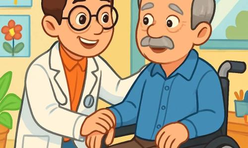 Un homme, le docteur Lucas, souriant et bienveillant, porte une blouse blanche et des lunettes rondes. Il a les cheveux bruns et un visage chaleureux, agenouillé à côté de monsieur Jean, un homme plus âgé assis dans un fauteuil roulant, qui semble soulagé mais inquiet. Monsieur Jean, avec des cheveux gris et une moustache, porte une chemise bleue et regarde le docteur avec gratitude. L'hôpital est lumineux et accueillant, avec des murs aux couleurs douces, des affiches de dessins d'enfants et des plantes. Le docteur Lucas rassure monsieur Jean après une chute, lui expliquant qu'il va bien s'occuper de lui. L’atmosphère est chaleureuse et pleine d’espoir, avec des sourires et des gestes réconfortants.