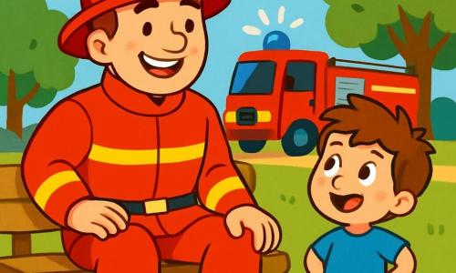 Un pompier grand et musclé, en uniforme rouge et casque brillant, sourit en s'asseyant sur un banc dans un parc ensoleillé. À côté de lui, un petit garçon d'environ 6 ans, avec des cheveux bruns en bataille et un t-shirt bleu, l'admire, les yeux écarquillés et les mains sur les hanches. Le parc est verdoyant avec des arbres, des fleurs colorées et un ciel bleu clair. Au loin, un camion de pompier rouge brille sous le soleil. Le pompier raconte des histoires de ses aventures héroïques, tandis que le garçon l'écoute, rêvant de devenir pompier.