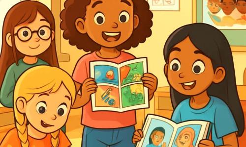 Il y a 4 enfants : Sarah, une fille de 9 ans avec des cheveux bouclés bruns, souriante au centre avec une bande dessinée ; Léa, à gauche, dessinant des personnages dans un carnet, portant une robe à fleurs ; Amara, à droite, avec un livre illustré de sa culture, portant un t-shirt bleu et un pantalon noir ; et Inès, légèrement en arrière, observant avec un carnet de notes, portant des lunettes et un pull vert. La scène se déroule dans une salle de classe lumineuse avec des murs décorés de dessins et d'affiches sur la diversité. Les enfants travaillent ensemble sur un projet de bande dessinée, échangeant des idées et des rires, entourés de matériel de dessin, illustrant leur engagement pour célébrer la diversité et combattre le racisme.