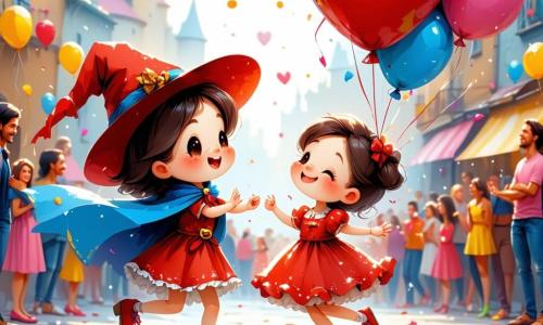 Patacha, une petite chaussure rouge avec un grand chapeau et une cape bleue brillante, danse joyeusement dans une rue animée, son visage rayonnant de bonheur. À ses côtés, Loulou, un ballon en forme de cœur, flotte dans les airs, ses yeux pétillants d'excitation. Le décor est celui d'un carnaval éclatant, avec des confettis multicolores, des stands de friandises et des guirlandes lumineuses. Des clowns jonglent et des magiciens émerveillent la foule. Patacha et Loulou dansent ensemble, entourés de rires et d'applaudissements, célébrant la magie du carnaval.