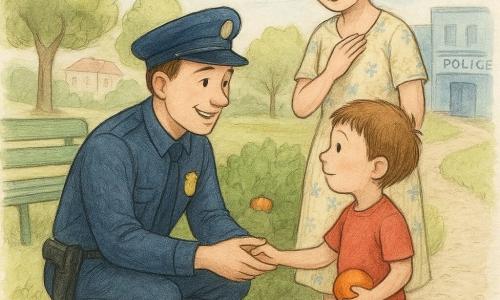 Un policier souriant en uniforme bleu accroupi tient doucement la main d’un petit garçon d’environ six ans (Tom) aux cheveux châtain qui tient une petite balle orange, tandis que la mère (Lila), d’une trentaine d’années en robe claire, se tient un peu en retrait, soulagée, un buisson vert derrière eux où la balle est coincée ; on devine un parc de quartier lumineux avec pelouse, sentier et banc, et en arrière-plan des arbres, des immeubles bas et le commissariat bleu ; le policier récupère la balle dans une atmosphère chaleureuse et rassurante.