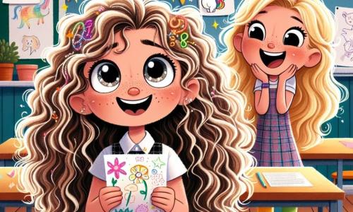 Zoé, une petite fille de 8 ans aux longs cheveux bouclés, sourit avec des yeux brillants d'excitation en tenant une feuille de papier colorée ornée de dessins d'animaux et de flèches. À ses côtés, sa meilleure amie Margot, également âgée de 8 ans avec des cheveux blonds, l'encourage en souriant et tenant une gomme en forme de licorne. En arrière-plan, la classe est décorée de guirlandes colorées et de dessins, avec des tables en bois et des chaises multicolores. Zoé, nerveuse mais déterminée, se prépare à lire son histoire devant ses camarades, entourée de rires et d'encouragements qui dissipent son anxiété.