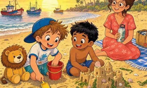 Deux garçons de 6 ans se lient d’amitié sur la plage au lever du soleil : l’un, châtain clair en bataille, casquette bleue de côté, doudou lion à droite, tient un petit seau rouge et une pelle jaune et trace un grand poisson dans le sable ; l’autre, peau plus foncée, cheveux noirs courts, short bleu, rit en modelant un petit château de sable décoré de coquillages à côté de lui. Une femme d’environ 30–35 ans, souriante et bienveillante, lunettes rondes et robe corail, est assise sur une couverture derrière eux en tenant une gourde. Sable doré, vagues douces argentées, bateaux de pêche colorés à l’horizon, palmiers en silhouette, coquillages blancs et algues vertes éparpillés ; ambiance chaleureuse, gestes simples et sourires partagés.