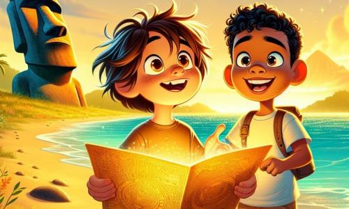Léo, un jeune garçon aux cheveux bruns en bataille et aux yeux curieux, se tient sur une plage de sable doré, souriant. Il tient une carte magique brillante, tandis que son regard est tourné vers l'horizon. À ses côtés, Rapa, un garçon local aux cheveux noirs et aux yeux vifs, sourit en pointant une grande statue moai derrière eux. Le décor est une île tropicale avec des palmiers, des fleurs colorées et un océan turquoise sous le soleil couchant. Léo et Rapa explorent ensemble les merveilles de l'île de Pâques, remplis d'excitation pour l'aventure à venir.
