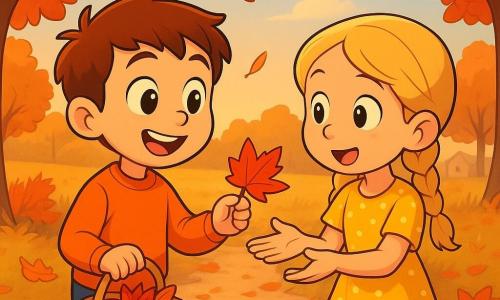 Léo, garçon de 6 ans, joyeux, cheveux châtains courts, pull orange et jean, tend une feuille rouge d’un petit panier en osier à Clara, fille de 6 ans, souriante, cheveux blonds en tresses et robe jaune à pois ; ils sont au centre d’un chemin bordé d’arbres d’automne aux feuilles rouges, oranges et jaunes, un tapis de feuilles au sol et quelques feuilles tourbillonnantes autour d’eux, arrière-plan flou de terrain vague et maison sous une douce lumière d’après-midi, plan moyen, couleurs saturées, textures lisses et expressions nettes.