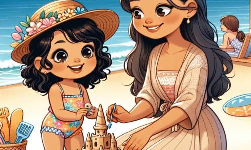 Lola, une petite fille de 2 ans aux grands yeux brillants et cheveux bouclés, sourit en construisant un château de sable sur la plage. Elle porte un maillot de bain coloré et un chapeau de paille. Sa maman, une femme d'une trentaine d'années, l'aide à décorer le château avec des coquillages, vêtue d'une robe légère et d'un paréo. La plage est ensoleillée avec du sable doré, des vagues douces et des parasols colorés. Ensemble, elles créent un magnifique château de sable, entourées de rires d'enfants et du bruit des vagues.