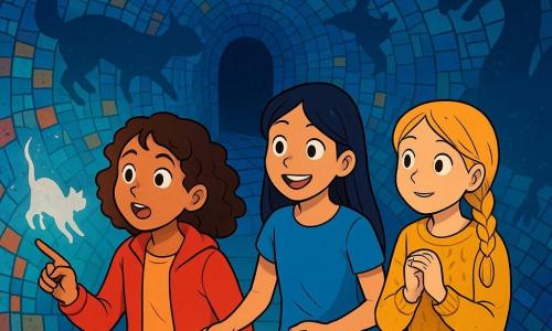 Trois personnages sont présents : Lila, une fille de 10 ans aux cheveux bouclés et bruns, portant une veste rouge vif, pleine d'énergie et curieuse ; Nour, également âgée de 10 ans, avec des cheveux lisses et noirs, vêtue d'un t-shirt bleu et d'un jean, souriante et tenant une lampe de poche ; et Zoé, avec des cheveux blonds tressés, habillée d'un pull jaune et d'une jupe à motifs, observant le tunnel avec émerveillement. Le tunnel mystérieux est orné de mosaïques colorées scintillant sous une lumière bleue douce, avec un sol en carreaux brillants et des ombres dansantes formant des silhouettes d'animaux fantastiques. Les trois amies s'aventurent dans ce tunnel fascinant, Lila pointe un chat argenté s'échappant dans un passage secret, Nour éclaire le chemin, et Zoé admire la magie environnante.