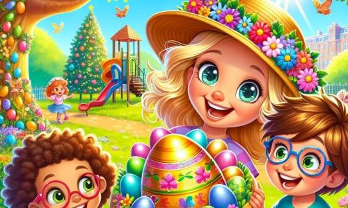 Une petite fille de 6 ans, Lila, souriante, tient une panière en osier remplie d'œufs colorés. Elle porte un chapeau fleuri. À sa droite, Tom, un garçon de 6 ans en t-shirt bleu, admire un œuf en chocolat, tandis qu'à sa gauche, Mia, avec des lunettes roses et des cheveux bouclés, montre un gros œuf doré caché derrière un arbre. Le décor est un parc ensoleillé avec des fleurs et des jeux colorés. L'image illustre Lila et ses amis découvrant l'œuf doré, symbole de Pâques et d'amitié.