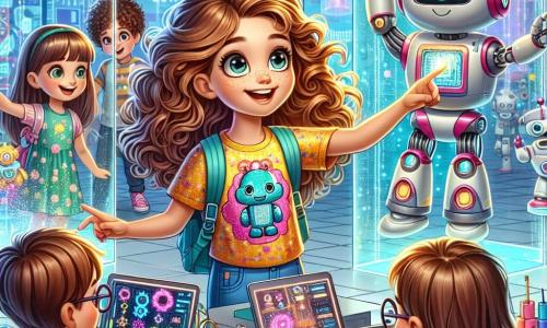 Au premier plan, Lina, une fille de 11 ans avec des cheveux châtains bouclés et un grand sourire, pointe un robot dansant qui s'anime devant elle. À ses côtés, Sofia, 10 ans, observe le robot avec curiosité, tenant une tablette. Un peu plus loin, Rayan, 11 ans, programme un autre robot sur son ordinateur portable. La scène se déroule dans la salle de robotique de TechnoMerveille, un espace futuriste avec des murs en verre, des machines brillantes, des hologrammes et des plantes grimpantes. Lina et ses amis découvrent joyeusement le robot qu'ils ont construit ensemble, illustrant l'esprit d'aventure et d'innovation de cet espace éducatif.