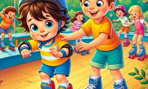 Léo, un petit garçon de 2 ans aux cheveux bruns en bataille et aux yeux pétillants, patine sur une patinoire. Il porte un casque bleu et des patins rouges, affichant une expression mêlant excitation et doute. À ses côtés, Max, un garçon de 8 ans aux cheveux blonds et au sourire encourageant, patine aisément en montrant à Léo comment faire. Max est vêtu d'un t-shirt jaune et de shorts bleus. En arrière-plan, d'autres enfants patinent joyeusement, certains tombant en riant. Le parc est ensoleillé, avec des arbres verts et des fleurs colorées. Léo, bien que hésitant, est déterminé à apprendre à patiner, soutenu par le sourire de Max.