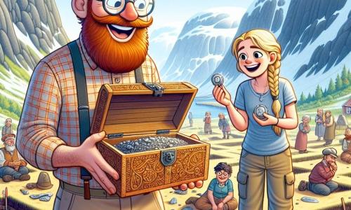 Anton, un archéologue à la barbe rousse et aux lunettes rondes, se tient debout, excité, avec une truelle dans une main et un coffre en bois orné dans l'autre, prêt à l'ouvrir. À ses côtés, Ingrid, une jeune archéologue de 25 ans avec des cheveux blonds en tresse, sourit en examinant un bijou en argent. Ils se trouvent sur un site de fouilles au bord d'un fjord norvégien, entourés de montagnes enneigées et de fleurs sauvages. Le sol est rempli d'artefacts antiques, et des villageois curieux les entourent. Anton et Ingrid ouvrent le coffre, révélant des trésors vikings, tandis que des enfants du village les regardent avec émerveillement.