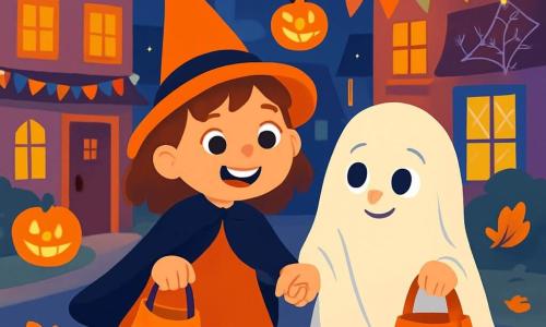 Mila, une petite fille de 4 ans, souriante et joyeuse, porte un chapeau orange pointu et une cape noire. Ses yeux brillent d'excitation alors qu'elle tient la main de son ami Léo, un garçon de 2 ans déguisé en fantôme avec un drap blanc. La scène se déroule dans une rue animée d'Halloween, illuminée par des lanternes en forme de citrouille et décorée de guirlandes colorées. Mila et Léo avancent main dans la main, saluant les voisins avec des sacs en tissu remplis de bonbons, tout en riant et en s'amusant.