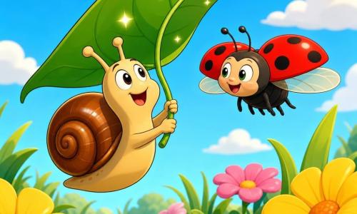 Un petit escargot nommé Gaston, coquille spirale brillante et corps lisse, yeux ronds souriants, flotte légèrement au‑dessus d'un jardin lumineux en tenant une grande feuille verte scintillante comme aile; une coccinelle rouge à pois noirs vole à ses côtés, regard bienveillant; herbes tendres, fleurs jaunes et roses, petits cailloux et ciel bleu avec nuages cotonneux; ambiance magique, sereine et joyeuse, lumière chaude du matin, couleurs vives, traits nets et ombres douces en cel‑shading.