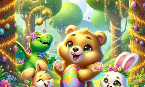 Un ours nommé Oogie, avec un pelage doré, se tient au centre d'une clairière, souriant en tenant un œuf en chocolat coloré. À ses côtés, une lapine blanche nommée Lila saute de joie, tandis qu'un dragon vert scintillant nommé Flammy s'envole joyeusement au-dessus de la scène. La clairière, entourée d'arbres aux feuilles vertes et de fleurs colorées, crée une atmosphère festive. Oogie, Lila et Flammy célèbrent la fête de Pâques, riant et partageant des moments de bonheur, entourés d'œufs en chocolat cachés dans l'herbe.