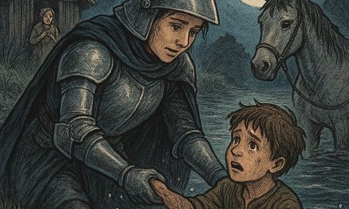Chevaleresse au visage déterminé et bienveillant, yeux calmes et mouillés, en armure argentée et cape trempée, se penche pour saisir la main d’un garçon d’environ 8 ans, cheveux en bataille, visage effrayé mais soulagé, vêtu de vêtements simples et boueux, tiré hors d’une rivière lunaire aux eaux sombres et agitées; la jument Écume, gris perle, immobile au bord, naseaux fumants et regard attentif, se tient derrière elle; en arrière-plan à gauche, une hutte en bois et une femme quarantaineuse, mains sur la poitrine, visage soulagé et en larmes; scène de sauvetage au clair de lune avec éclaboussures, contre-jour argenté sur l’armure, textures de métal mouillé, boue brune et herbe écrasée, vieux pont cassé au loin, ciel nocturne, palette argent, bleu nuit et bruns terreux, style aux traits légèrement texturés, ombres douces et détails lisibles pour enfants.
