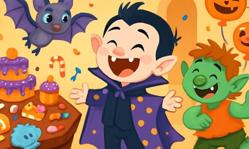 Vlad, un petit vampire joyeux avec une cape violette à pois jaunes, rit aux éclats au centre d'une pièce en désordre. Mina, une petite chauve-souris aux ailes brillantes, vole autour de lui, tandis que Gaston, un troll aux cheveux en désordre, danse avec un grand sourire. La fête est décorée de guirlandes colorées et de ballons citrouilles, avec une table en forme de cercueil remplie de gâteaux et de bonbons. Dans cette scène festive, Vlad et ses amis s'amusent ensemble, riant et dansant, accompagnés par le chant drôle d'un coquillage magique.