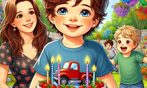Timéo, un petit garçon de 4 ans avec des cheveux châtains en bataille et un grand sourire, se tient au centre du jardin, prêt à souffler les bougies de son gâteau d'anniversaire. Il porte un t-shirt bleu avec un dessin de camion et un short rouge. Sa maman, une femme d'une trentaine d'années avec des cheveux longs et bruns, sourit et tient une assiette de bonbons colorés. À côté, son meilleur ami Léo, également âgé de 4 ans, saute de joie avec un t-shirt vert et un short en jean. Le jardin est décoré de ballons colorés, de fleurs éclatantes et d'une grande table avec un gâteau au chocolat. L'ambiance est joyeuse, remplie de rires et d'excitation.