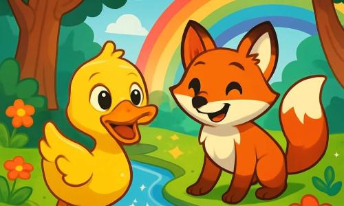 Un canard nommé Gustave, au plumage doré et aux yeux curieux, se tient au bord d'un ruisseau, affichant joie et détermination. À ses côtés, un renard roux nommé Broussaille l'encourage avec un sourire, prêt à l'accompagner dans l'aventure. Ils se trouvent dans une forêt enchantée, entourés d'arbres épais et de fleurs colorées, sous un arc-en-ciel après une pluie. Gustave et Broussaille se préparent à traverser un pont de lumière formé par les rayons du soleil, symbolisant leur courage et leur amitié, prêts à découvrir le trésor des fées.