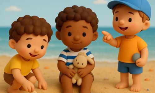 Trois garçons — Léo (3 ans, cheveux bouclés bruns, t-shirt blanc et bleu, tient un doudou beige) trempe ses orteils au centre; Sami (4 ans, joues roses, yeux pétillants, t-shirt jaune) à gauche ramasse des coquillages près d'un petit trou; Jules (3 ans, casquette bleue, cheveux courts, large sourire) à droite, debout, regarde la mer en montrant une mouette; plage de sable doré avec coquillages, petites vagues, ciel bleu, serviette rayée et petit château de sable; scène ensoleillée, couleurs vives, ambiance joyeuse et sécurisante.