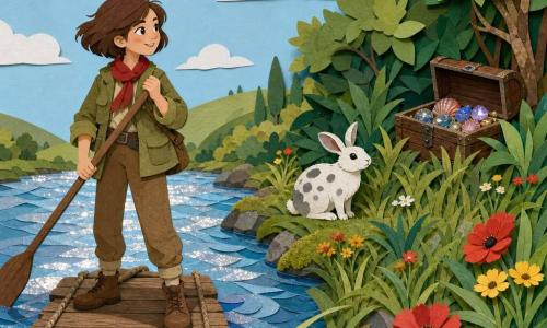 Léo, jeune exploratrice souriante et déterminée aux cheveux châtain courts, vêtue d'une veste kaki et d'un foulard rouge, se tient debout sur un petit radeau en bois qui touche la rive d'une rivière scintillante, rame en main, tandis qu'un petit lapin blanc tacheté de gris l'observe depuis la berge droite et la guide du regard vers un bosquet où, à demi caché sous des feuilles, un coffre ancien est ouvert avec coquillages et pierres brillantes; la plaine herbeuse aux hautes herbes ondulantes, fleurs sauvages et pierres moussues s'étend jusqu'à une douce colline sous un ciel bleu clair, l'atmosphère est d'aventure et de découverte.