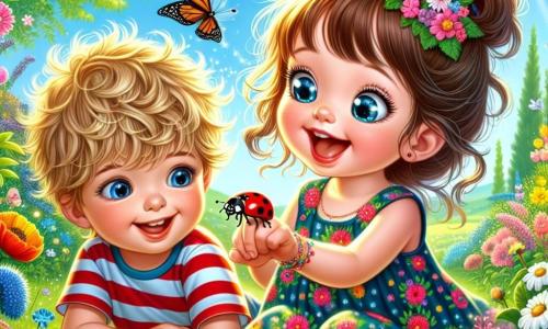 Une petite fille de 2 ans, avec de grands yeux pétillants et des cheveux bouclés, porte une robe colorée à fleurs. Elle est joyeuse, souriante, et tient une petite coccinelle sur son doigt. À côté d'elle, un garçon de 3 ans, avec des cheveux blonds en bataille et un t-shirt rayé, regarde la coccinelle avec enthousiasme. Assis sur l'herbe, les jambes croisées, il sourit, partageant ce moment magique. Le jardin est rempli de fleurs éclatantes, de papillons et d'arbres verdoyants sous un ciel bleu clair. La petite fille et son ami jouent ensemble, découvrant les merveilles du jardin, avec des pots de trésors cachés autour d'eux.