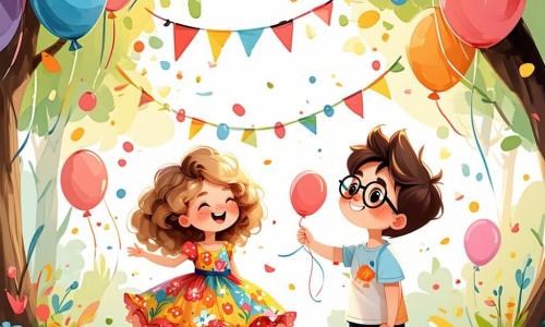 Céleste, une fille de 11 ans aux cheveux bouclés et dorés, porte une robe à fleurs colorées et sourit joyeusement au centre d'un parc vibrant de couleurs, entourée de ballons et de guirlandes. À sa droite se trouve Lucas, un garçon de 12 ans aux cheveux bruns et lunettes rondes, tenant un frisbee. À gauche, Lila, une fille de 11 ans aux cheveux noirs tressés, tient un gros gâteau décoré de bougies, prête à chanter « Joyeux Anniversaire ». Le parc est enchanteur, avec des fleurs multicolores, des arbres majestueux et un ciel bleu éclatant. La scène montre Céleste célébrant son anniversaire avec ses amis, prêts à chanter et souffler les bougies de son gâteau.