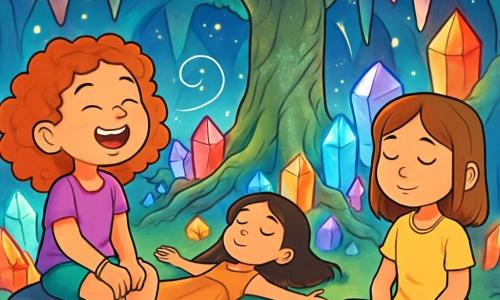 Trois personnages se trouvent dans une grotte magique : Lila, une fille de 9 ans aux cheveux bouclés et bracelet coloré, sourit en respirant profondément sur une pierre ; Jade, 10 ans, avec de longs cheveux et une robe légère, écoute les sons de la grotte allongée sur la mousse ; Capucine, 9 ans, cheveux châtains, est assise en tailleur, respirant calmement. La grotte est illuminée par des cristaux scintillants et un grand arbre aux racines enroulées se dresse au centre. L'atmosphère est apaisante, remplie de lumière et de mélodies. Les trois amies pratiquent la respiration zen, leurs visages sereins, enveloppées par une ambiance de paix et de bien-être.