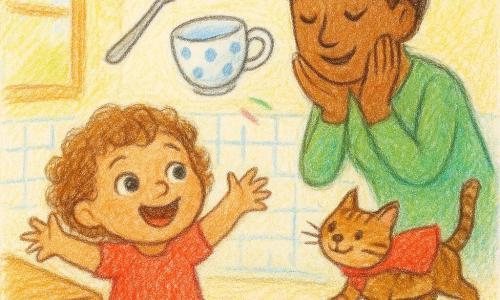 Une fillette de 2 ans, joyeuse et émerveillée, cheveux bouclés châtain clair, rit en jouant avec une tasse blanche à motifs bleus qui flotte devant elle, les bras tendus ; sa maman souriante, cheveux attachés, se tient derrière et souffle doucement pour la faire redescendre, regard tendre ; un chaton fier portant une petite cape rouge trotte à côté de la chaise comme un cheval, une cuillère argentée coiffée d’un petit chapeau rouge saute en laissant des étincelles, une chaise en bois semble sourire ; cuisine lumineuse et douce aux murs jaune pâle, carreaux blancs, table en bois clair et grandes fenêtres laissant entrer un soleil matinal, scène de jeu magique et câline avec objets qui dansent, couleurs douces, traits de crayon visibles, textures papier et ombres légères.