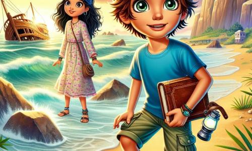 Un garçon de 12 ans, Louka, aux cheveux châtains en bataille et aux yeux curieux, se tient sur une plage dorée, le visage illuminé par l'excitation. Il porte un t-shirt bleu et un short en cargo, tenant un vieux carnet en cuir, regardant une épave de bateau au loin. À ses côtés, sa meilleure amie Jade, 11 ans, aux cheveux longs et noirs avec un bandeau coloré, sourit et tient une lampe torche. En arrière-plan, la mer scintille sous le soleil couchant, entourée de rochers, créant une ambiance mystérieuse. Louka et Jade, déterminés et excités, sont prêts à explorer l'épave, entourés de coquillages et de vagues.