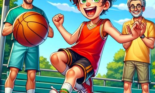 Un garçon de 10 ans, Lucas, aux cheveux bruns en bataille et aux yeux pétillants, se tient au centre de l'image, levant les bras en l'air avec un grand sourire après avoir réussi un dunk au basket. Il porte un maillot rouge et un short noir, ses baskets blanches légèrement poussiéreuses. À sa droite, Malik, son meilleur ami, applaudit avec un large sourire, vêtu d'un t-shirt bleu et d'un short vert. En arrière-plan, Coach Alain, un homme âgé avec des cheveux gris et une barbe, sourit fièrement, les bras croisés, vêtu d'un polo jaune et d'un pantalon beige. Le terrain de basket en plein air est entouré d'arbres et de bancs, sous un ciel bleu clair avec quelques nuages. Le sol en béton est marqué par les lignes blanches du terrain et des ballons de basket sont éparpillés. L'excitation de la victoire est palpable, avec d'autres enfants applaudissant et riant, créant une atmosphère joyeuse.