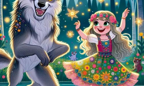Un loup-garou avec une fourrure grise scintillante et des yeux brillants se tient au centre de la scène, affichant une expression de joie. Ses grandes oreilles sont dressées et sa queue est levée, montrant son enthousiasme alors qu'il danse dans le marais. À côté de lui, une petite fille de huit ans, Lou, avec de longs cheveux dorés et une robe colorée, sourit largement et est prête à danser avec lui. Le marais est enveloppé d'une brume magique, avec des fleurs vives scintillant sous le soleil couchant et des lucioles illuminant l'air. Lou et Luno dansent ensemble au bord d'une étendue d'eau, entourés de créatures fantastiques, célébrant leur amitié.