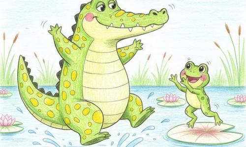 Cléo, un grand crocodile vert à taches jaunes au regard timide puis joyeux, agite sa large queue et saute maladroitement sur un lac bleu clair pendant qu'une petite grenouille verte aux joues roses, perchée sur un nénuphar à sa droite, applaudit; autour d'eux des nénuphars blancs et roses, des roseaux sur la rive, un soleil jaune en haut à gauche, une ambiance douce et lumineuse, éclaboussures légères et oiseaux volant au loin tandis qu'ils dansent ensemble.