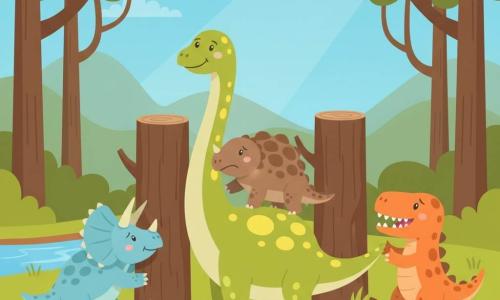 Dippy, un diplodocus vert à taches jaunes au long cou courbé, pousse un tronc au centre; Rex, un tyrannosaure orange aux petites pattes, tire à droite avec ses pattes arrière; Tina, une tricératops bleu clair à trois cornes, s'agenouille et tire à gauche; Benny, un ankylosaure brun coincé entre deux troncs, a l'air soulagé. Arrière-plan : forêt lumineuse aux troncs bruns, feuillage vert vif, fleurs colorées, petit ruisseau à gauche, sol herbeux et collines sous un ciel bleu ensoleillé. Scène simple, formes arrondies, couleurs pastel et ambiance chaleureuse de coopération.