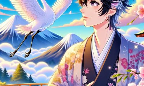 Haruto, un homme d'une trentaine d'années, se tient au sommet de la Mont Kumo, son visage rayonnant de curiosité. Il porte un kimono traditionnel aux motifs floraux, ses cheveux noirs légèrement ébouriffés par le vent. À ses côtés, une gracieuse grue blanche déploie ses ailes, ajoutant une touche de magie à la scène. Le paysage est spectaculaire : des cerisiers en fleurs bordent le sentier, leurs pétales roses tombant comme de la neige, tandis que des montagnes enveloppées de brume créent une atmosphère mystique sous un ciel bleu éclatant. Haruto contemple la beauté de la nature et la grâce de la grue, symbolisant son lien avec les esprits bienveillants de la montagne.
