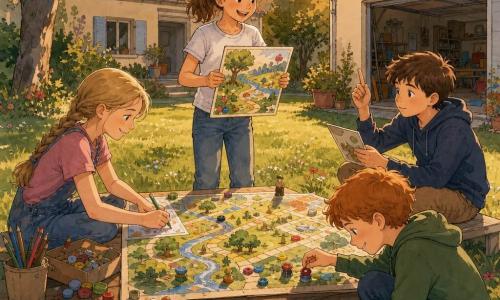 Quatre enfants dans un jardin au coucher du soleil devant un garage ouvert : Léa (≈10 ans, queue-de-cheval châtain) debout au centre tenant une grande carte de jeu colorée et souriant, Tom (≈9 ans, cheveux bruns courts) assis à droite lisant une carte et levant le doigt, Emma (≈9 ans, tresse blonde) assise à gauche dessinant arbres et rivières sur le plateau avec des crayons multicolores, et Lucas (≈10 ans, roux) accroupi fabriquant des pions avec bouchons et boutons et les posant sur une case. Ils testent ensemble un jeu de société écologique sur un grand plateau en carton posé sur l'herbe parsemée de fleurs ; la table basse en bois est couverte de cartons, crayons, boîtes et petites figurines, la lumière du soir est douce avec ombres longues et couleurs chaudes, l'ambiance est joyeuse et collaborative, les éléments graphiques visibles comprennent cases dessinées à la main, cartes éparses, crayons gras, pions bricolés et petits déchets recyclés transformés en décor.