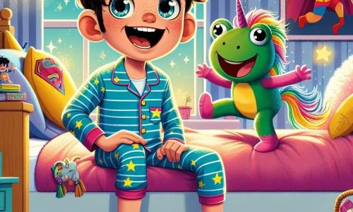 Un garçon de 12 ans, Oscar, aux cheveux châtains en bataille et aux yeux malicieux, est assis sur son lit, souriant, entouré de pyjamas animés. Il porte un pyjama bleu à rayures avec des motifs d'étoiles scintillantes. À côté de lui, un pyjama licorne rose avec une crinière multicolore danse joyeusement, tandis qu'un pyjama grenouille vert fait des sauts périlleux. La chambre d'Oscar est décorée de posters de super-héros et de jouets, avec une lumière douce qui crée une ambiance chaleureuse. Oscar et ses pyjamas prennent vie, prêts pour une aventure hilarante avant de dormir, remplissant l'air de rires.