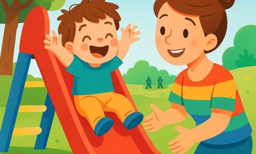 Un petit garçon de 2 ans, Lucas, avec des cheveux bruns en désordre et des yeux pétillants, glisse sur un toboggan rouge. Son visage est illuminé par un grand sourire, et ses joues sont rosies par l'excitation. À côté de lui, sa maman, une femme d'environ 30 ans avec des cheveux châtains en chignon et un t-shirt coloré, l'encourage avec un sourire chaleureux, prête à le rattraper en bas. Le parc est verdoyant, avec des arbres aux feuilles éclatantes et des fleurs colorées. Le ciel est bleu avec quelques nuages. Lucas glisse avec enthousiasme, bras levés, criant de joie. C'est un moment de bonheur et d'aventure dans un cadre ensoleillé.