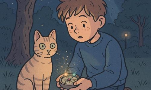 Milo, garçon de 12 ans au visage rond et taches de rousseur, cheveux châtain clair en bataille, portant un sweat bleu usé et un jean, est accroupi tenant une petite boussole ronde brillante d'où tournent trois petites lumières colorées qui éclairent son visage; à ses côtés le chat Nougat, pelage crème tigré et yeux verts, regarde la boussole, queue enroulée autour des pattes. À l'arrière-plan, un jardin de nuit autour d'une maison familiale avec un vieux cerisier aux branches noueuses, herbe un peu haute, quelques lampadaires lointains et un petit tas de terre près d'une tranchée; une poussière d'étoiles dorée flotte autour du cerisier. Dans le ciel, une étoile beaucoup plus brillante que les autres et une fente lumineuse étroite qui s'ouvre entre les branches. Scène principale: Milo découvre la boussole enfouie près du cerisier; la boussole émet trois lumières et pointe vers le ciel tandis que la fente lumineuse s'ouvre dans l'arbre; ambiance mystérieuse mais chaleureuse, couleurs douces (bleu nuit, tons pastel, touches dorées scintillantes).