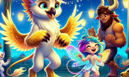 Phaëlan, un jeune griffon aux plumes dorées et aux yeux curieux, danse joyeusement au centre de la scène, un sourire éclatant sur le visage. À sa droite, Milla, une changeline aux cheveux multicolores, prend la forme d'un papillon chatoyant, émerveillée en virevoltant autour de lui. À sa gauche, Rurik, un minotaure robuste, rit de bon cœur en battant des mains au rythme de la musique, rayonnant de joie. La scène se déroule dans un parc féerique, décoré de lanternes colorées et de fleurs éclatantes, où des créatures se rassemblent, créant une atmosphère festive sous un ciel étoilé. Ils célèbrent la diversité à la Foire aux Cultures, dansant et partageant des rires, unis par leur amitié.