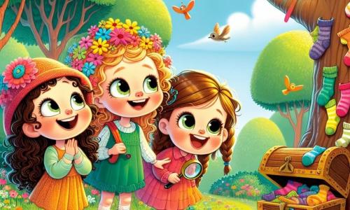 Trois filles de six ans se tiennent dans un parc ensoleillé, entourées de grands arbres. Zoé, aux cheveux bruns et bouclés, porte un chapeau en forme de fleur et imite le chant des oiseaux. Léa, avec ses cheveux blonds tressés et un parapluie jaune, regarde le ciel, prête à attraper une surprise. Mia, aux cheveux châtains et lisses, observe le sol avec curiosité, intriguée par un vieux coffre en bois qu'elles viennent de découvrir. Le parc est rempli de fleurs multicolores et de pelouses verdoyantes. Les trois copines rient en découvrant le coffre rempli de chaussettes, créant un arbre décoré de chaussettes colorées, symbole de leur amitié et de leur sens de l'humour.