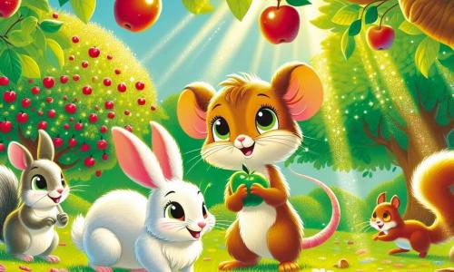 Mina la souris, vive et curieuse, se tient au centre de la scène avec un sourire, tenant une étiquette mystérieuse. À ses côtés, Léo le lapin, joyeux et enthousiaste, est prêt à l'aider. Cora l'écureuil, un peu en arrière, grignote une noisette avec un air malicieux. Le décor est une clairière ensoleillée, entourée d'arbres verts et d'un vieux pommier chargé de pommes rouges, avec des fleurs colorées au sol. La scène montre Mina et ses amis en pleine enquête, cherchant des indices sous le pommier, dans une ambiance d'aventure et de camaraderie.