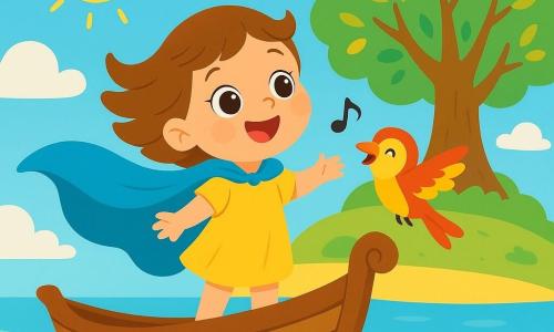Une petite fille de 2 ans, nommée Lina, porte une cape bleue et se tient sur le pont d'un bateau magique, les cheveux au vent, regardant le ciel avec excitation. À ses côtés, un oiseau coloré, le capitaine du bateau, vole joyeusement autour d'elle. En arrière-plan, un grand arbre amical se dresse sur une île lumineuse. Le ciel est bleu clair avec des nuages blancs et des rayons de soleil illuminent la scène. Lina et l'oiseau naviguent joyeusement dans le ciel, prêts à explorer l'île magique pleine de surprises.